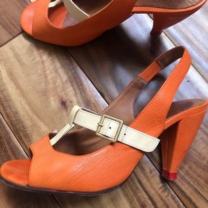 Chie Mihara orange and cream t-strap heel